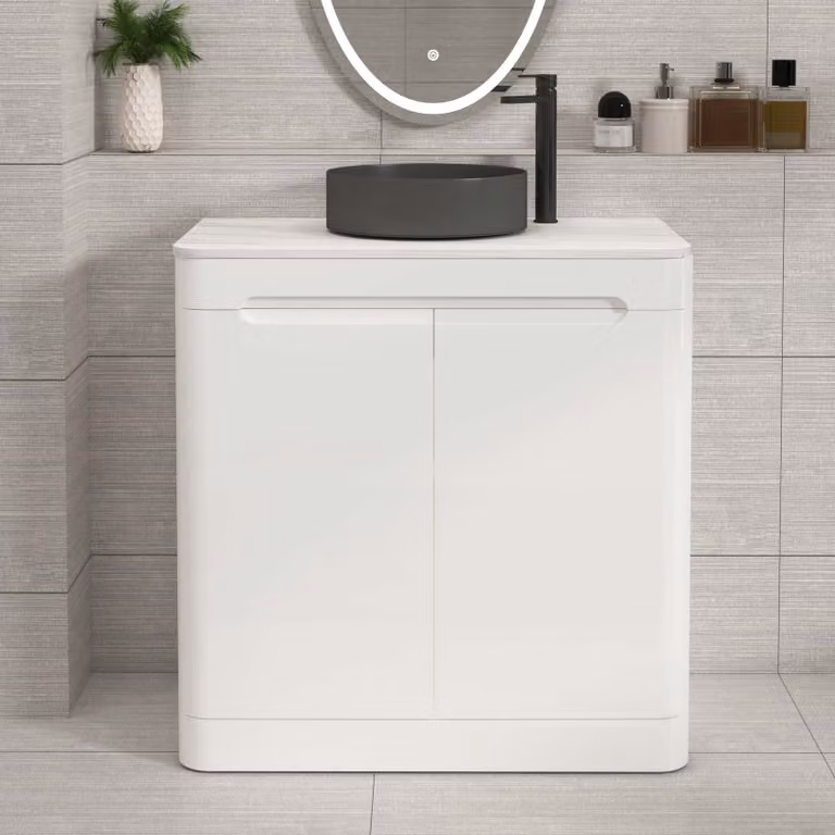 Royal Bathrooms Venice 800mm Gloss White Floor Standing 2 Door Countertop Vanity Unit with Art Round Basin
