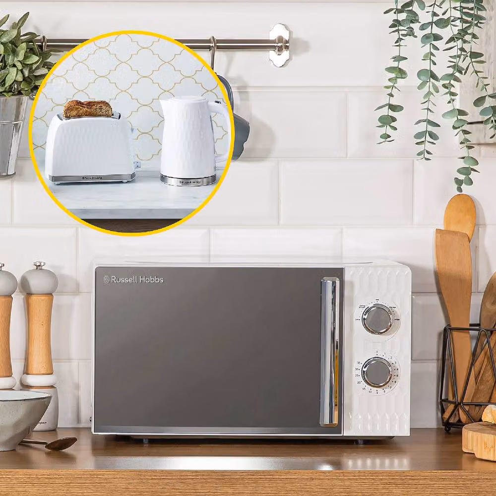 Russell Hobbs Honeycomb Bundle Set including Kettle, 2 Slice Toaster and Microwave in White – 3
