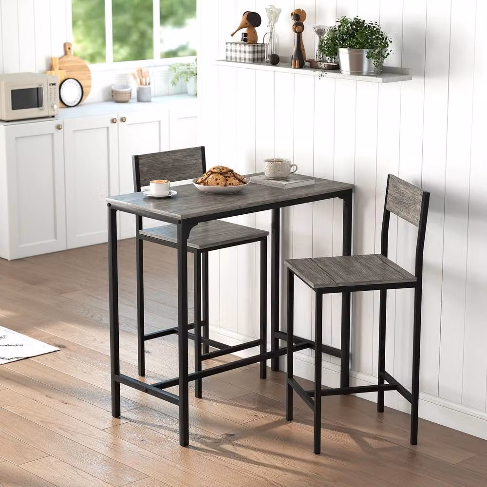STILVORA 3-Piece Industrial Bar Table Set with 2 Stools in Grey and Black – 2