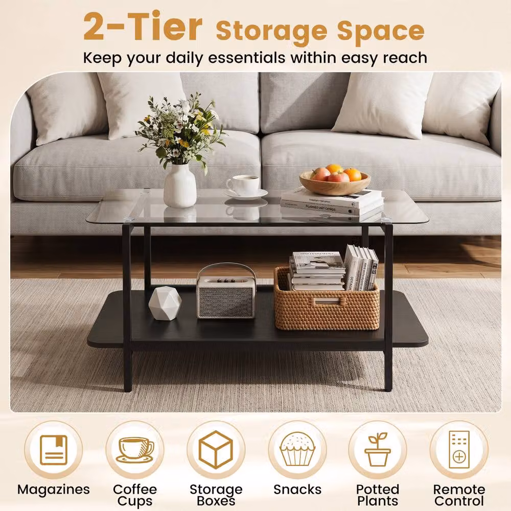 Costway Modern 2-Tier Rectangular Coffee Table with Black Tempered Glass and Metal Frame – 7