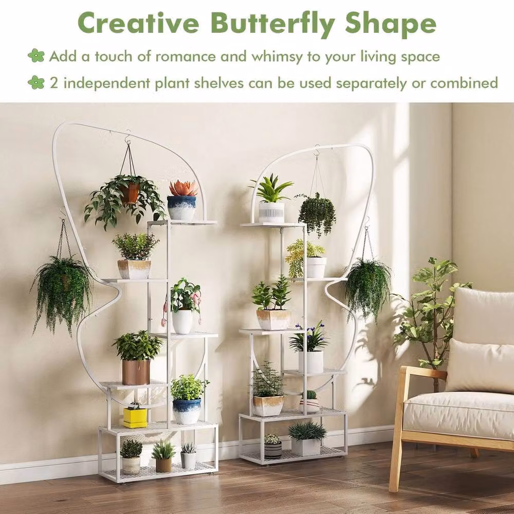 VOGREX White 6-Tier Butterfly Metal Plant Stand, H 185 x W 26 x D 26 cm – 3
