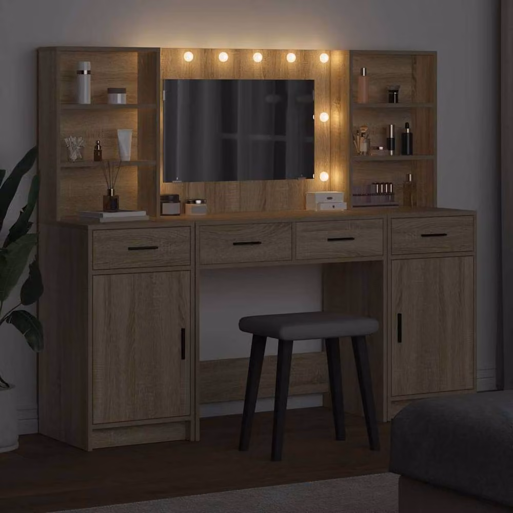 Berkfield Home Elegant 3 Piece Dressing Table Set in Somoma Oak and Beige Engineered Wood – 2