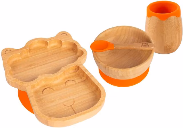 Tiny Dining Llama Bamboo and Silicone 4pc Suction Baby Feeding Set in Orange