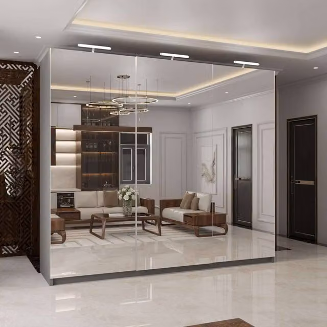 MN Furniture Grey Sliding Door Wardrobe with Full Mirrors and Integrated LED Lighting, Width: 250 cm
