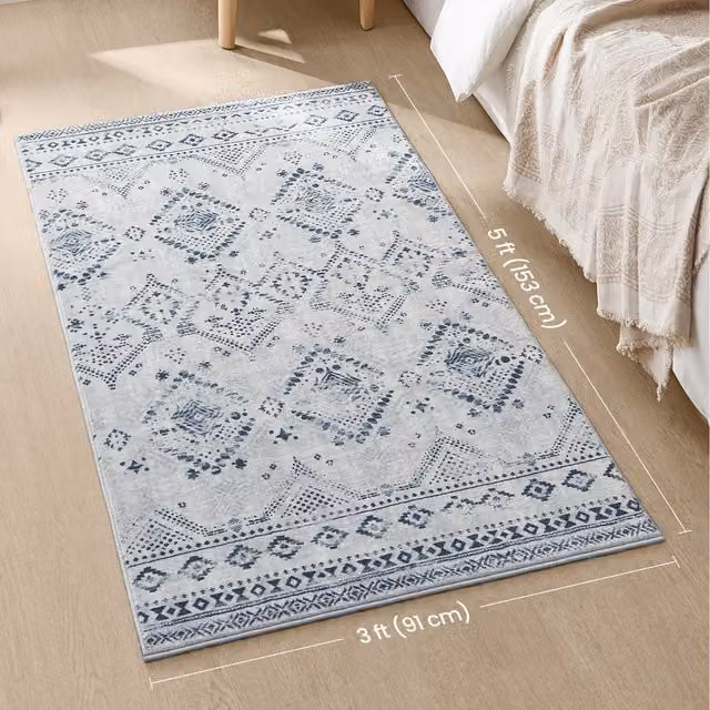 SONGMICS Blue Boho Oriental Rectangular Area Rug, W: 91 cm, L: 153 cm