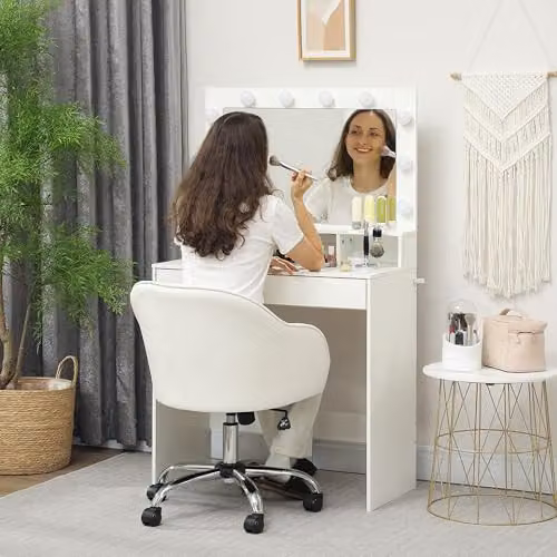 HOMCOM Swivel Velvet Task Chair for Home Office and Bedroom, Beige White – 4
