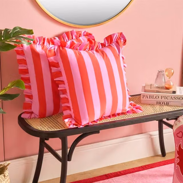 OHS Striped Frill Edge Cushion Covers, Pack of 2, Pink/Red, W/D/H: 45 x 45 x 45 cm – 2