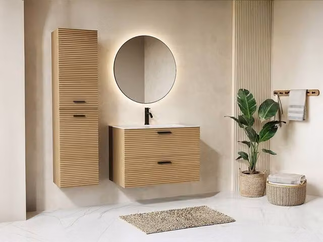 Vente-unique SARONE Striped Wall-Hung Bathroom Cabinet in Light Oak