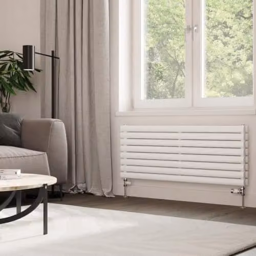 UK Radiators Omeara Axis White Elliptical Tube Horizontal Designer Double Panel Radiator W: 120 cm, H: 46.4 cm – 2