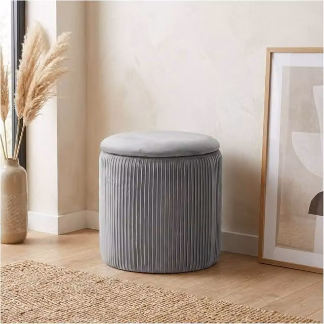 Garden Greatness Relica Ribbed Charcoal Velvet Pouffe Stool in Grey, W/D/H: 38 x 38 x 38 cm