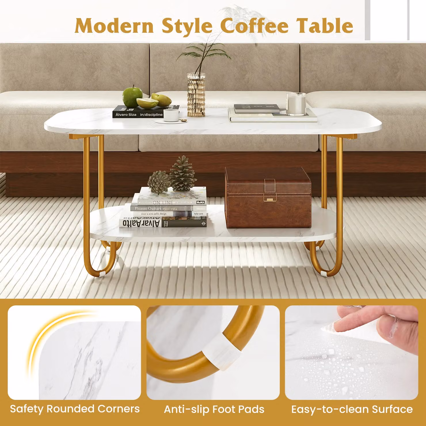Costway Modern 2-Tier Faux Marble Top Coffee Table in White and Gold – 4
