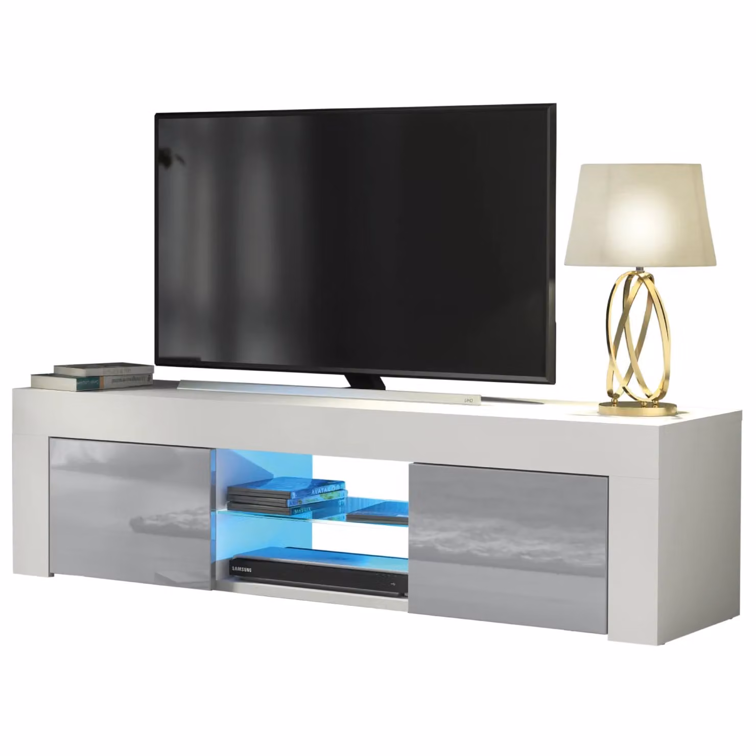 Creative Furniture Loom TV Unit 130cm with Grey Gloss Doors and LED Lights, White and Grey – 4