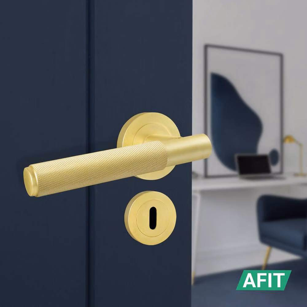 AFIT Satin Brass Round Rose Door Handle with Key Lock and Hinges in Gold – 3