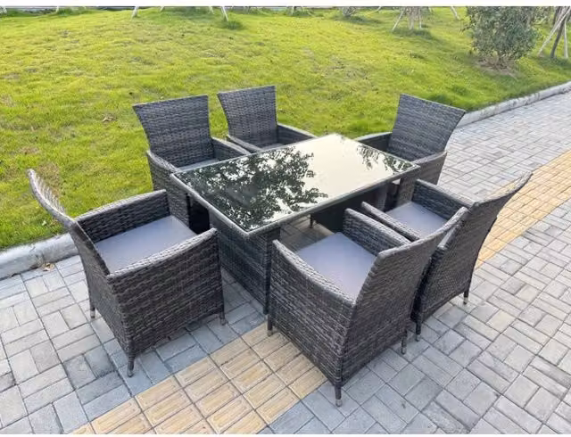 Fimous 6-Seater Rattan Garden Furniture Set with Black Glass Table and Dark Grey Chairs