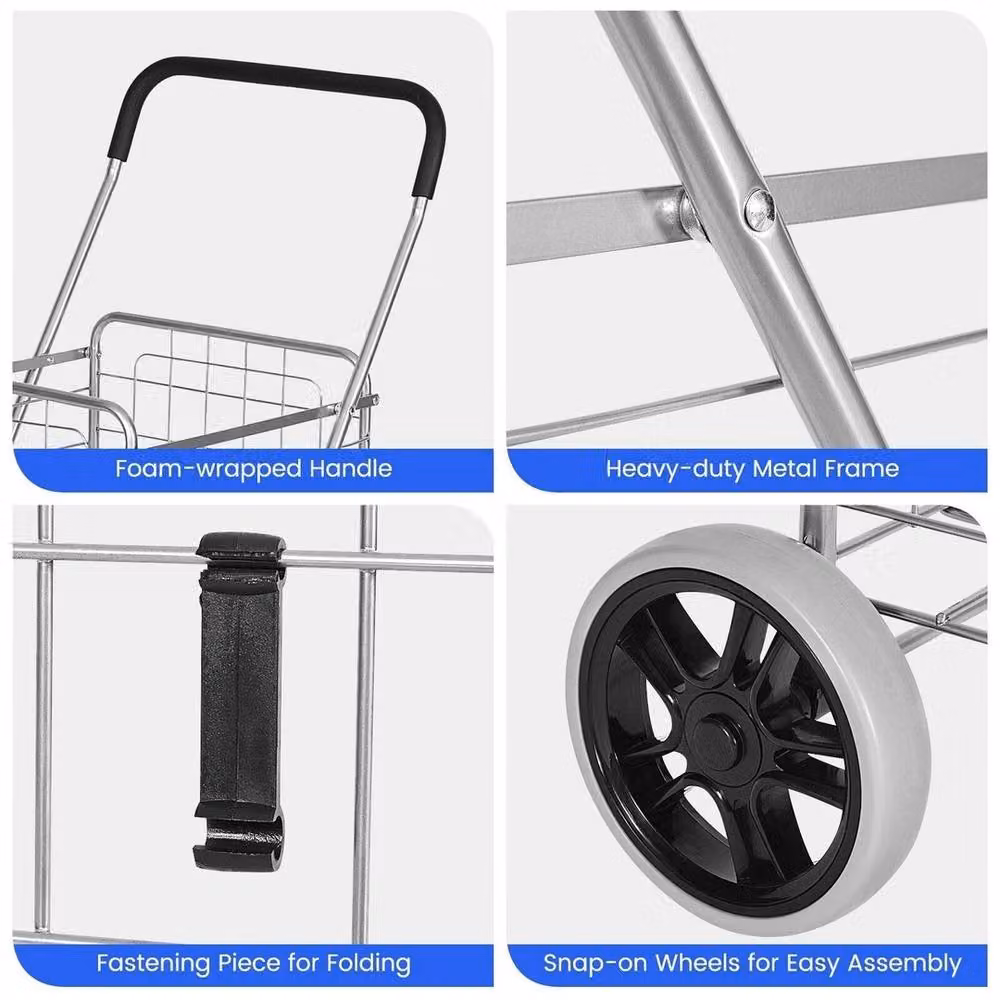 VOGREX Foldable Versatile Rolling Grocery Shopping Cart in Silver – 3