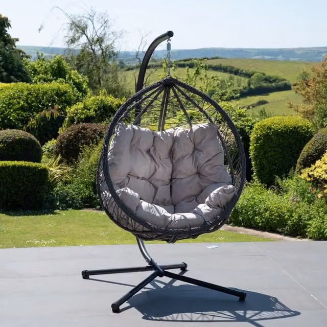 Artemis Home Modern Polyrattan Hanging Egg Lounge Chair with Cushions in Grey and Black