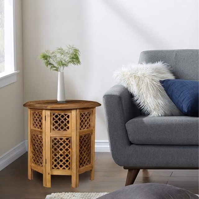 Topfurnishing Round Carved Wooden Coffee Bedside End Table in Gold, Yellow and Brown, Diameter: 30 cm
