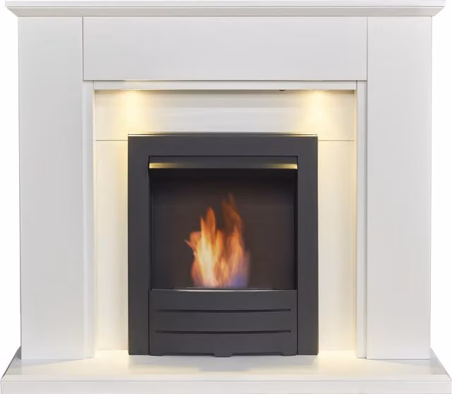 Adam Fires & Fireplaces Eltham Wall Mounted Fireplace in Pure White with Downlights and Colorado Black Bio Ethanol Burner, 45 Inch, Grey – 1