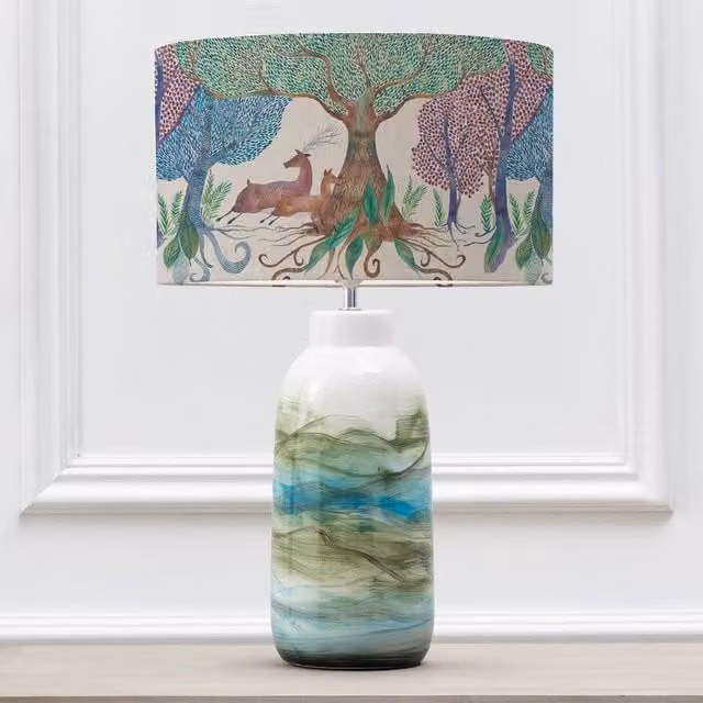 Voyage Maison Javary Ceramic Table Lamp with Willow Woods Eva Fabric Lampshade in Blue and Multicolour
