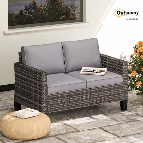 Outsunny 2 Seater Rattan Garden Sofa with Upholstered Cushions and Powder Coated Steel Frame, Grey – 2