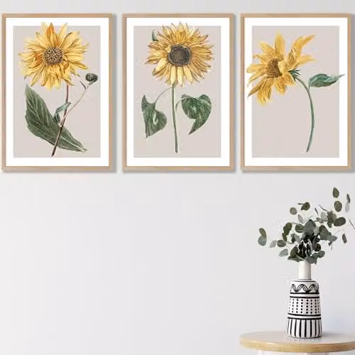 ARTZE Set of 3 Vintage Sunflower Botanical Paper Posters in Yellow and Beige, W: 30 cm x H: 42 cm