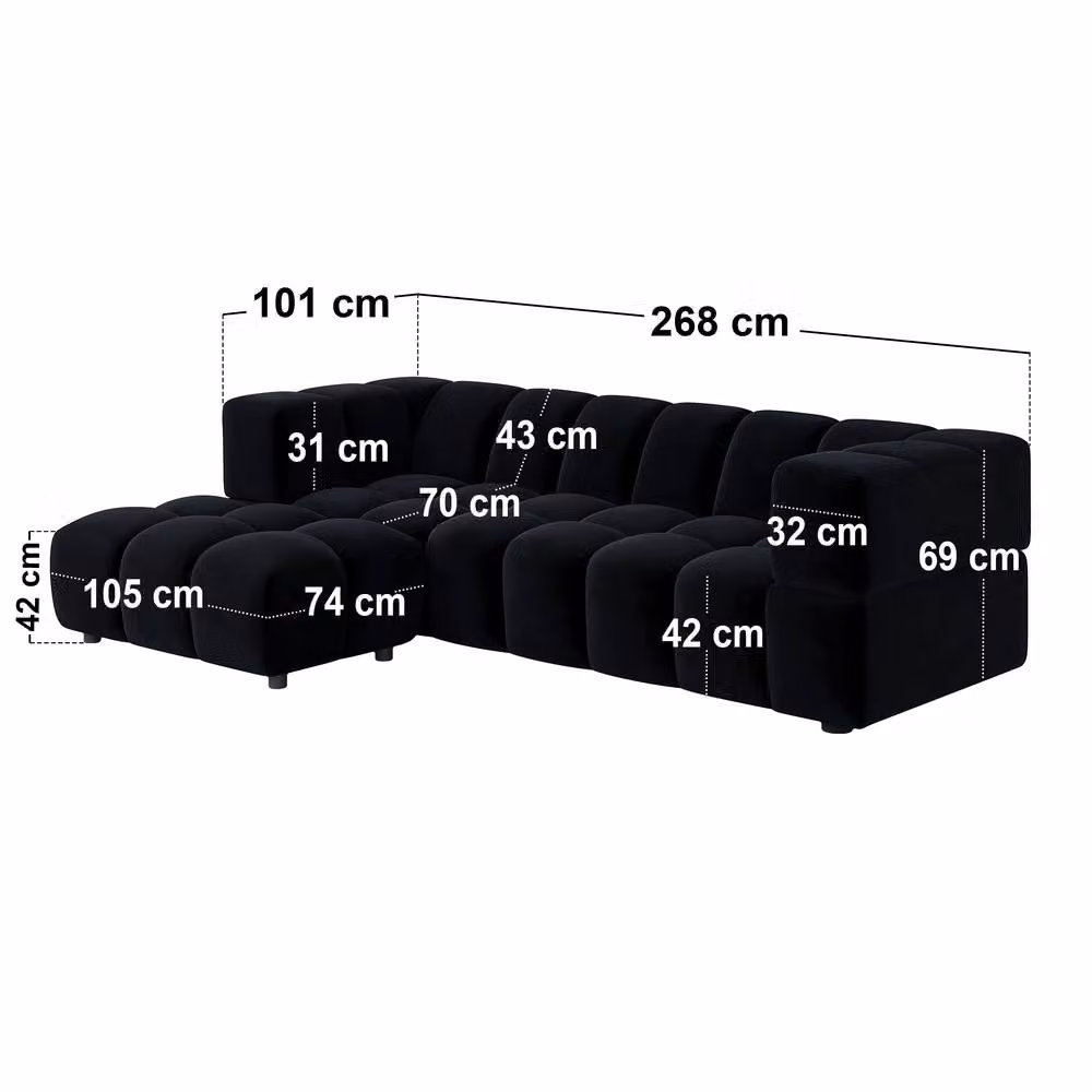 Solace+Co Jenson 3 Seater Velvet Fabric Sofa in Black with Matching Ottoman and Scatter Cushions – 3