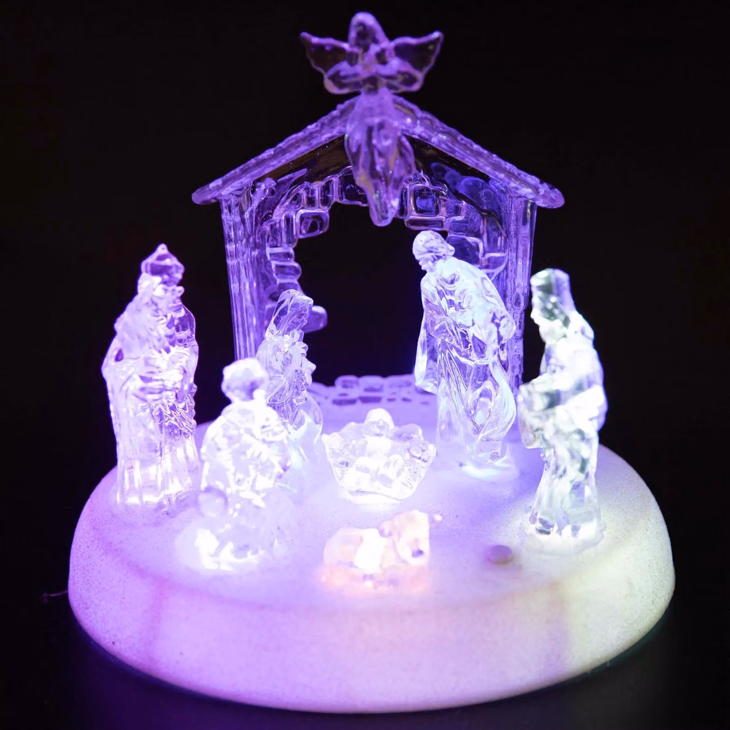 Shatchi Musical Nativity Scene Acrylic Sculpture, Pre-Lit Multicolour LED Christmas Tabletop Decoration, White, Height: 20 cm – 3