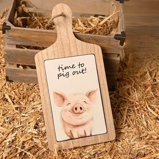 Funny Farm Time To Pig Out Serving Board in Brown and Multicolour Wood and Ceramic
