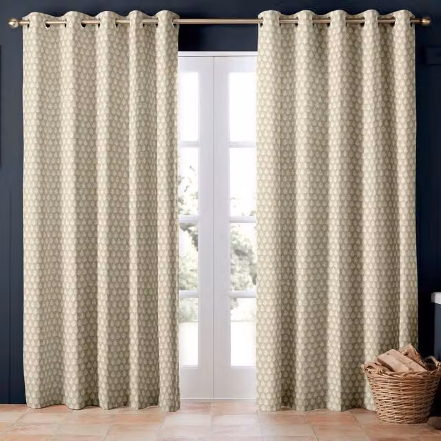 Emily Bond Jaipur Made to Measure Blackout Linen and Cotton Fabric Panel Curtains in Beige with Geometric Leaf Pattern and Eyelets
