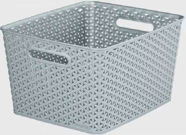 Curver Grey Plastic Rattan Open Weave Storage Basket with Handles, 18L, W: 35.5 cm, D: 29.5 cm, H: 22 cm