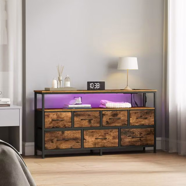 SONGMICS Modern 5-Drawer Dresser with Integrated LED Lights in Brown, Black and Orange