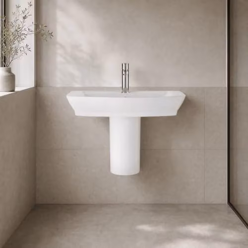 Balterley White Ceramic Soft Square Semi Pedestal Bathroom Sink with Overflow and 1 Tap Hole, W/D/H: 85 x 46.5 x 45 cm – 2
