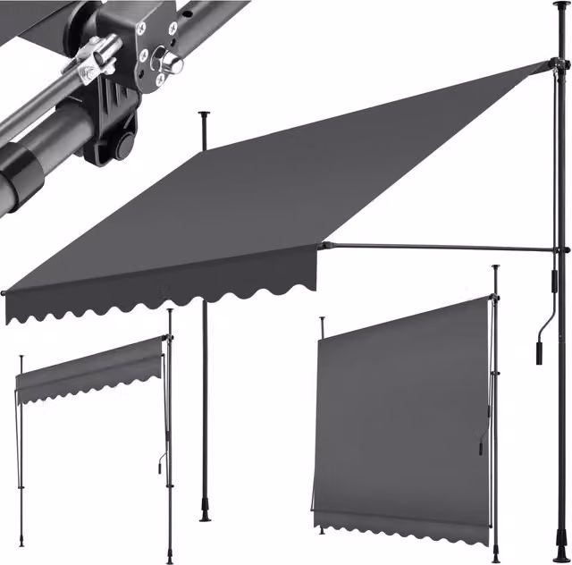 TECTAKE No-Drill Retractable Manual Awning in Black and Grey with Polyester Fabric and Steel Frame, Width: 250 cm