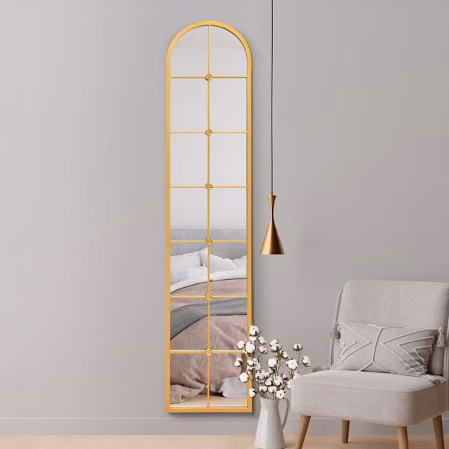 MirrorOutlet Arcus Slim Framed Metal Arch Leaner Wall Mirror in Gold, H 190 cm x W 40 cm x D 30 cm