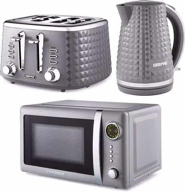 Geepas Argyle Grey Kitchen Set including 1.7L Kettle, 4 Slice Toaster and Microwave