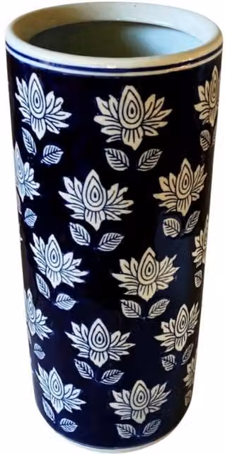 Four Candle Blue and White Floral Ceramic Freestanding Umbrella Stand in Navy
