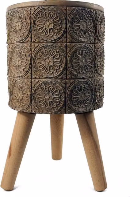 Leaf Rustic Geometric Round Tabletop Indoor Planter Cachepot in Brown, H 44.0 cm x W 26.0 cm x D 26.0 cm