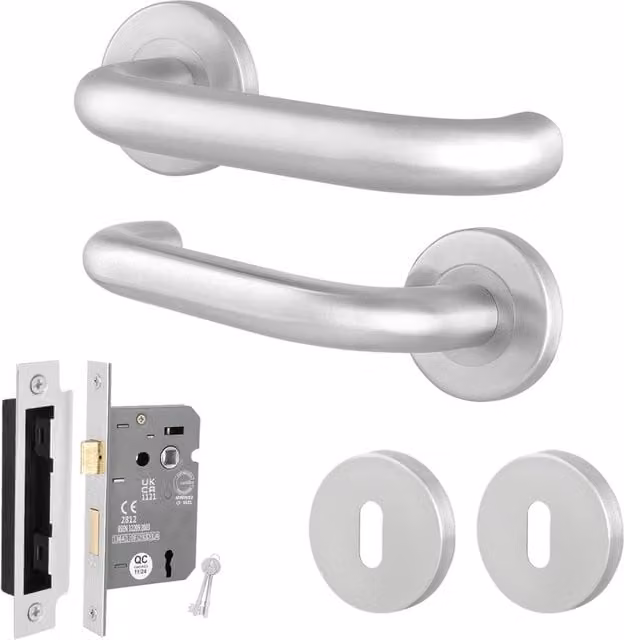 AFIT Satin Brushed Stainless Steel Return to Door Handles with Sash Lock and Key in Silver, 150 x 150 mm – 1