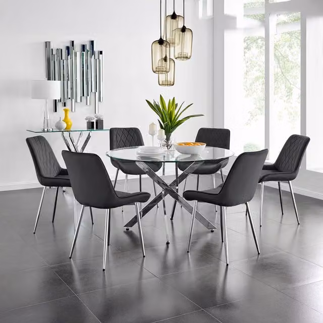 FurnitureboxUK Novara Round Black Glass Dining Table with Six Pesaro Silver Leg Chairs (Diameter: 120 cm)
