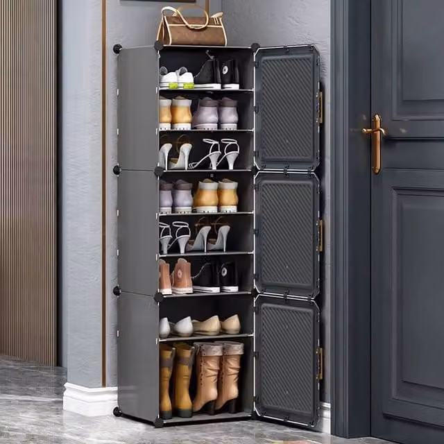 Kelvenix 8-Tier Shoe Cabinet with 3 Hinged Doors in Grey