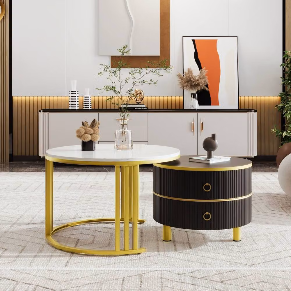 STILVORA Modern Round Coffee Table Set with 2 Drawers in White and Black – 4