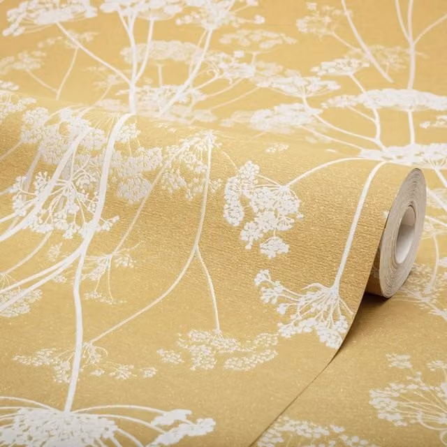 I Love Wallpaper Olivia Floral Metallic Glitter Mustard Wallpaper, Yellow, 10.05m roll