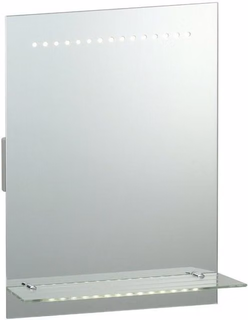Loops IP44 LED Bathroom Mirror with Glass Shelf and Shaver Socket, Silver and Transparent, W: 50 cm, H: 39 cm