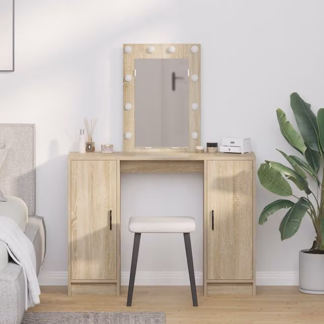Berkfield Home Dressing Table with Hollywood LED Lights in Sonoma Oak and Beige, W/D/H: 102 x 33 x 135 cm – 1