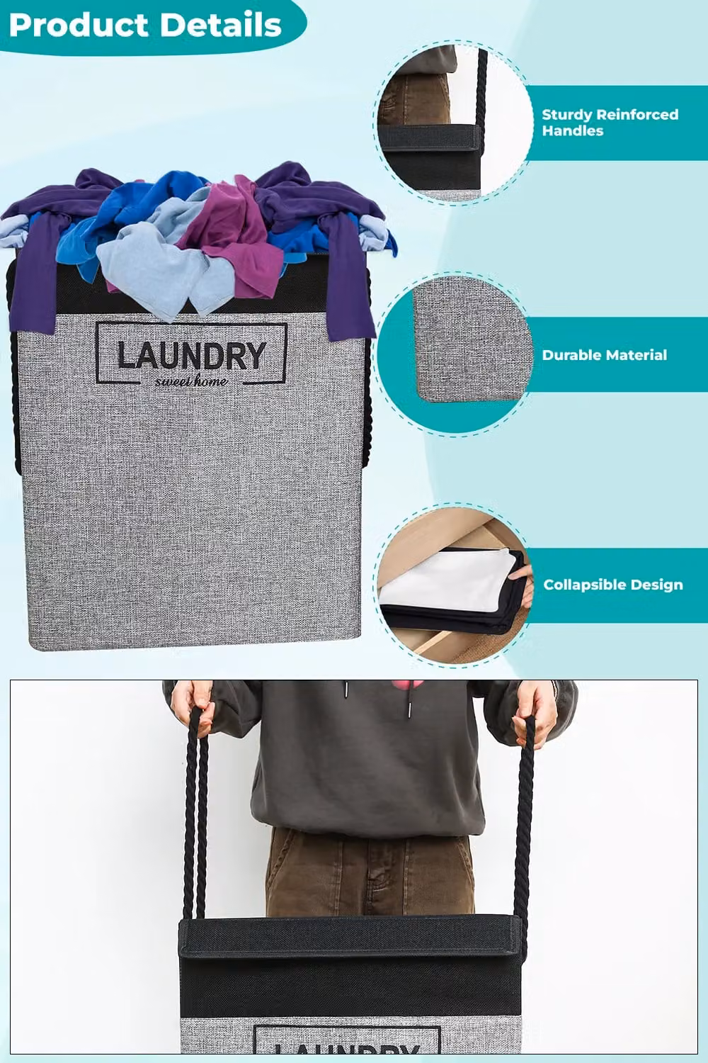 Neel Blue Collapsible Grey Fabric Laundry Basket with Flip Lid and Handles, 70L – 3