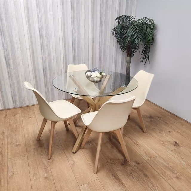 Kosy Koala Round Glass Dining Table Set with 4 Cream Plastic Chairs in Brown