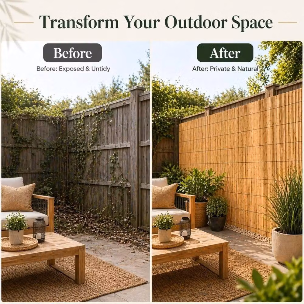 VOGREX Woven Bamboo Reed Garden Fence Panel, Beige, W: 300 cm, H: 120 cm – 4