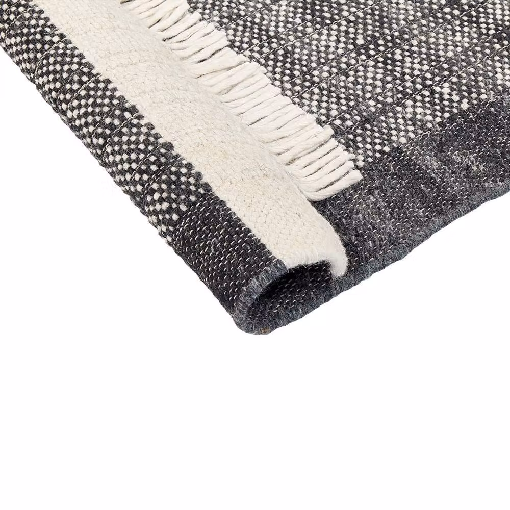 Wyld and Coco Hand-Woven Wool Herringbone Rug in Black and White with Fringes, W: 80 cm, L: 150 cm – 4