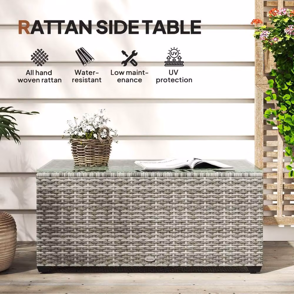 Wyld Haus Vimi Grey Rattan Side Table with Glass Top, Width: 90 cm – 5