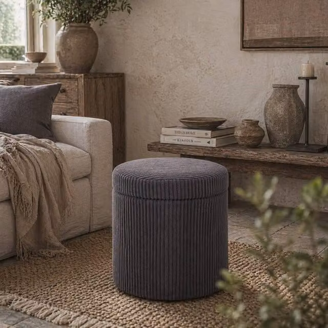 Wyld Haus Yoluha Round Grey Corduroy Storage Ottoman, Diameter: 40 cm